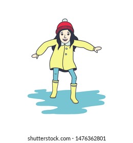 The little girl n raincoat and rubber boots is jumping on puddle. In cartoon style. Isolated on white background. Child, kid character vector illustration.