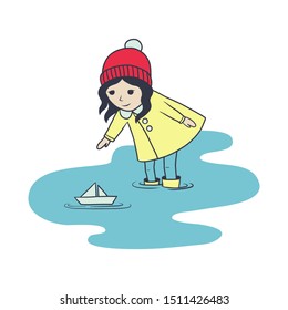 The little girl n raincoat and rubber boots launches paper boat in a puddle. In cartoon style. Isolated on white background. Child, kid character vector illustration.