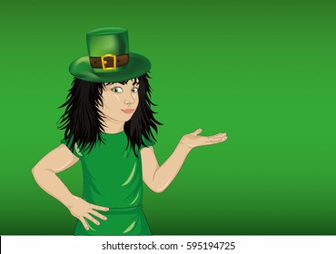 Little girl in the national costume for St. Patrick's Day, featuring a hand gesture at empty copy space to put advertisement or object. The open palm. Portrait of a child in a pop art style. Vector