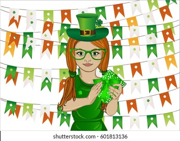 Little girl in national costume for St. Patrick's Day. In her hands holds a green box with a bow. A gift for a holiday. Portrait of a child in the style of pop art. Vector.  Empty space for text