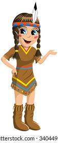 Little Girl in Native American Indian Costume Presenting Isolated