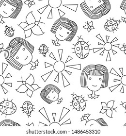 little girl and nature elements hand drawn vector seemless pattern