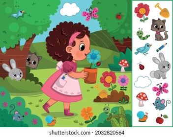 Little Girl in Nature Hidden Objects Educational Game. Vector Illustration for Children.
