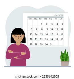 Little girl near the big calendar. Plans things for the month, study, holidays, weekends and important dates. Vector flat illustration