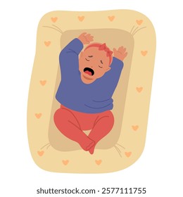 Little girl newborn baby crying with tears in face loudly screaming lying in bed cartoon vector illustration. Small toddler kid screaming feeling upset and anxiety emotion due to absence of parents