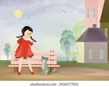 A little girl next to a gray cat wants to caress him or they are playing in the town courtyard near a bench against the backdrop of houses, trees, the sky. Vector cartoon drawing in watercolor style.