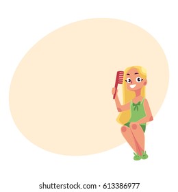 Little girl in nightgown and slippers combing her clean, long, fair hair, cartoon vector illustration with place for text. Girl combing hair, evening routine