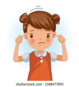 Little girl not listen earplugs, red shirt. Are doing gestures. Frustrated, displeased, face sullen with bad emotions. Cartoon character illustration Isolated vector on a white background.