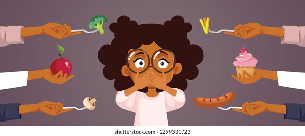 
Little Girl Not Wanting to Eat Being Overfed Vector Cartoon Illustration. Sick child being overfed different options for lunch 
