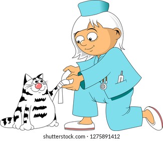 little girl nurse bandages a cat's paw with a bandage
