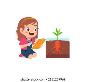 little girl observe plant growing in garden