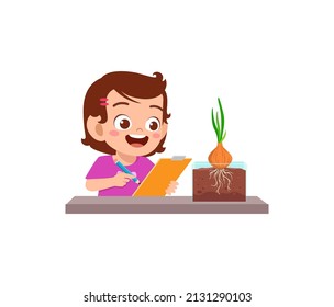 little girl observe plant growing in garden