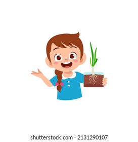 little girl observe plant growing in garden