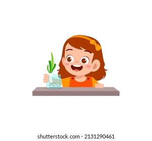 little girl observe plant growing in garden