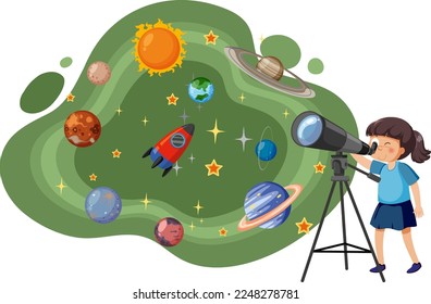 Little girl observing the sky with a telescope illustration