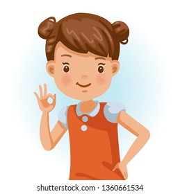 Little girl ok. Positive emotions, smiling. Cartoon character vector illustration isolated on white background.