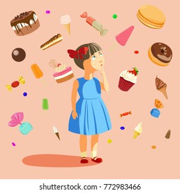 
little girl on the background of confectionery