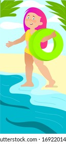 little girl on the beach with a rubber ring.  happy child at the sea.  stock vector illustration.  isolate.  apply this to decorate beach products or leisure products