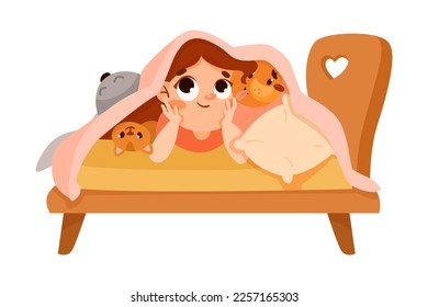 Little Girl on Bed Under Blanket Playing Hide and Seek Game and Having Fun Vector Illustration