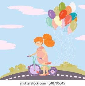 Little girl on a bike with balloons