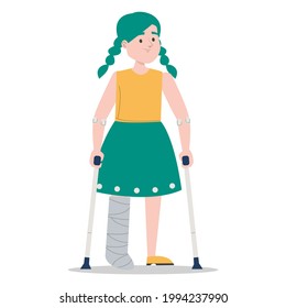 Little girl on crutches with a broken leg in gypsum vector isolated. Injured child. Disabled person standing.