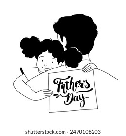 little girl on father's shoulders, father's day card, outline. Vector illustration