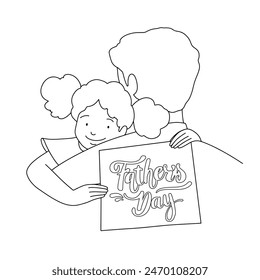 little girl on father's shoulders, father's day card, outline. Vector illustration