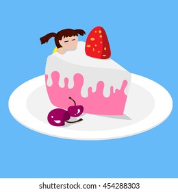 little girl on her birthday cake. Vector illustration. EPS10