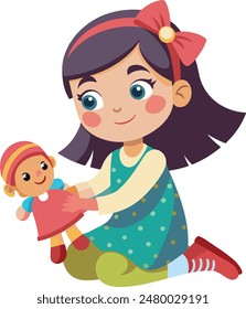Little girl on her knees plays with doll-