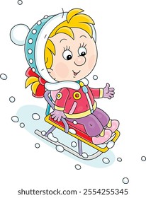 Little girl on her small sled sliding down a snowy slope of a hill on a playground in a winter park, vector cartoon illustration on a white background