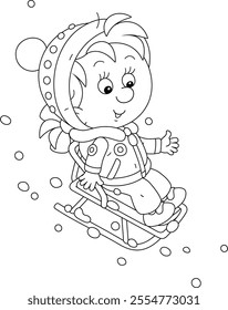 Little girl on her small sled sliding down a snowy slope of a hill on a playground in a winter park, black and white outline vector cartoon illustration for a coloring book