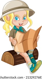 Little girl on log reading a map illustration