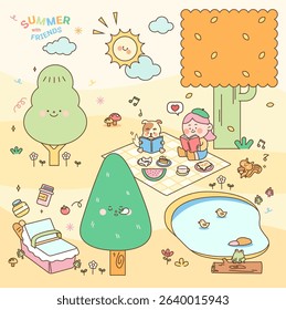 Little girl on picnic with puppy. Background is forest with many animals, baby frog on tree trunk. duck swimming in lake, squirrel picking chestnuts, vivid summer scene
