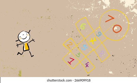 Little girl on playground, playing hopscotch game. Vector drawing, line art doodle, sketch style illustration.  