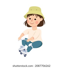 Little Girl on Roller Skates Wearing Kneepads in Skate Park Having Fun and Enjoying Recreational Activity Vector Illustration