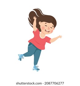 Little Girl on Roller Skates in Skate Park Having Fun and Enjoying Recreational Activity Vector Illustration