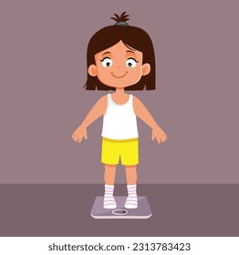 
Little Girl on a Scale Weighing Herself Vector Cartoon Illustration. Child healthy development measured in weight gains by age
