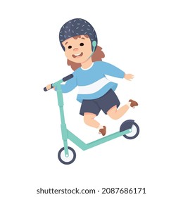 Little Girl on Scooter in Skate Park Having Fun and Enjoying Recreational Activity Vector Illustration