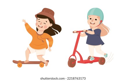 Little Girl on Skateboard and Kick Scooter in Skate Park Having Fun and Enjoying Recreational Activity Vector Set