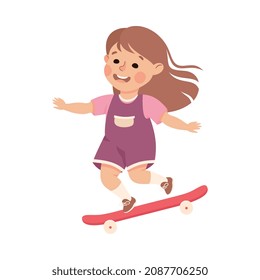 Little Girl on Skateboard in Skate Park Having Fun and Enjoying Recreational Activity Vector Illustration