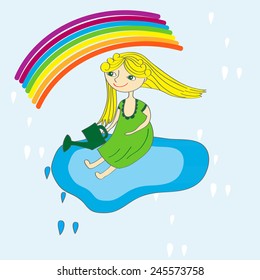 Little girl on the sky and rainbow