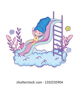 little girl on slide in the clouds