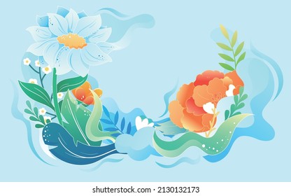 A little girl is on a spring tour surrounded by flowers and plants, vector illustration