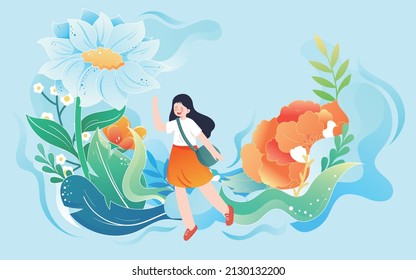 A little girl is on a spring tour surrounded by flowers and plants, vector illustration