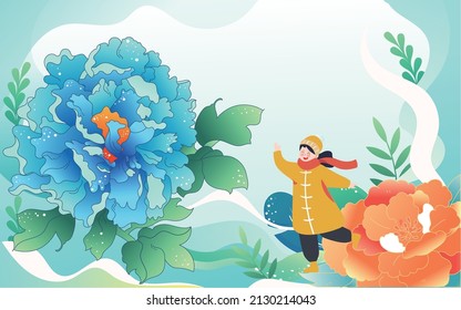 A little girl is on a spring tour with a peony on the left, surrounded by flowers and plants, vector illustration
