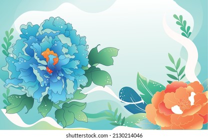 A little girl is on a spring tour with a peony on the left, surrounded by flowers and plants, vector illustration