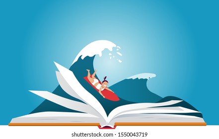 Little girl on a surfboard, riding a wave behind an open book, EPS 8 vector illustration