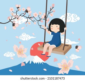  little girl  on a swing  enjoying  Flower Branches background