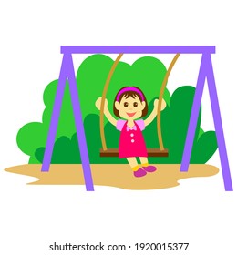 Little girl on swing illustration. Kids games flat drawing. Happy children playing cartoon characters. Playground swing isolated design element. Summer healthy outdoor activities