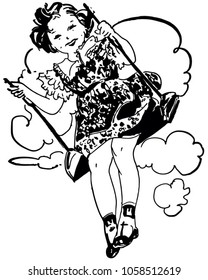Little Girl On Swing - Retro Clip Art Illustration